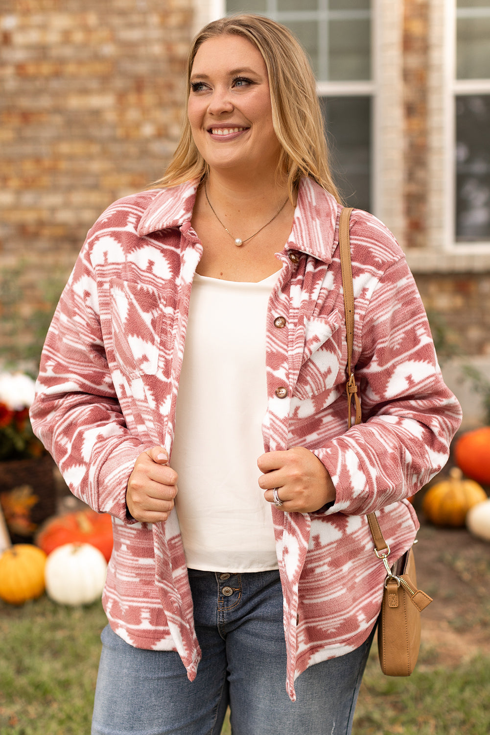 Pink Plus Size Aztec Print Chest Pocket Shacket For Women Dear-Lover Dropshipping